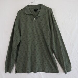 Van Heusen Polo Shirt Mens Large‎ Casual Knit Green Argyle Diamond Long Sleeve